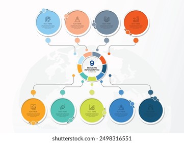 Infographic template with 9 steps, process or options, process chart, Used for process diagram, presentations, workflow layout, flow chart, infograph. Vector eps10 illustration.