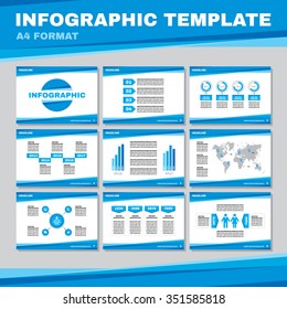 Infographic template in A4 format. Blue color. Vector pages in A4 format for business presentation. Infograph design elements. Big set. World map, timeline, blocks, icons. 