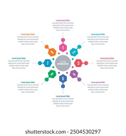 Plantilla de infografía para informe anual, revista. Plantilla de infografía para negocios, educación, industria, mundo de la ciencia. ocho opciones Plantilla de información. hexágonos coloridos Plantilla de infografía