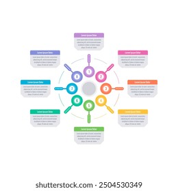 Infografik-Vorlage für Geschäftsbericht, Magazin. Infografik-Vorlage für Wirtschaft, Bildung, Industrie, Wissenschaft. Informationsvorlage für acht Schritte. geometrische Infografik-Vorlage