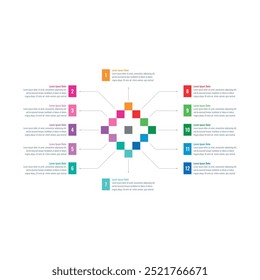 Modelo infográfico para relatório anual, revista. Modelo infográfico para negócios, educação, mundo da ciência. quadrado colorido modelo informativo. modelo de informação de doze passos