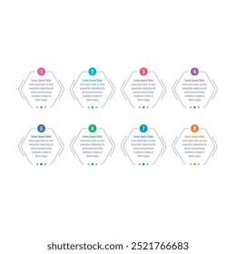 Infografik-Vorlage für Geschäftsbericht, Magazin. Infografik-Vorlage für Wirtschaft, Bildung, Wissenschaft. Informationsvorlage für dünne Sechsecke. Informationsvorlage mit acht Schritten