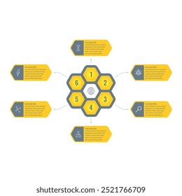 Template infographique pour rapport annuel, magazine. Template infographique pour le monde des affaires, de l'éducation et des sciences. template d'information en nid d'abeilles. template infographique hexagonale à six étapes