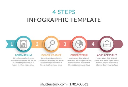 Infografische Vorlage mit Pfeilen mit 4 Kreisen mit Symbolen und Text, Prozessdiagramm, Workflow, Vektoreps10 Illustration