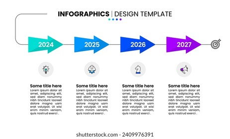 Plantilla infográfica con flechas y 4 opciones. Línea de tiempo. Se puede utilizar para diseño de flujo de trabajo, diagrama, banner, diseño web. Ilustración del vector