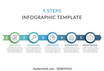 Plantilla infográfica con flechas con 5 círculos con iconos y texto, gráfico de procesos, flujo de trabajo, eps vectoriales10 ilustración