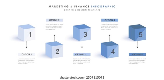 Modelo infográfico com setas e 5 opções ou etapas. 3d cubos de luz azul. Layout de fluxo de trabalho, diagrama, banner, webdesign. Ilustração vetorial