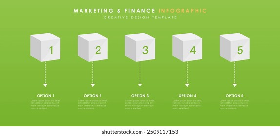 Infographic template with arrows and 5 options or steps. 3d white cubes. Workflow layout, diagram, banner, webdesign. Green Vector illustration