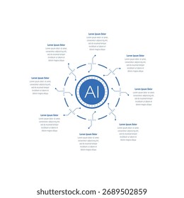 Modelo infográfico para inteligência artificial, negócios, educação, indústria, mundo da tecnologia. Modelo informativo de oito etapas. Modelo infográfico para revista, relatório anual, catálogo