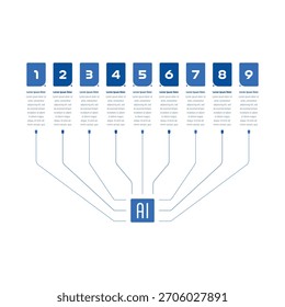 Plantilla infográfica para inteligencia artificial, negocios, educación, industria, mundo tecnológico. Plantilla informativa de ocho pasos. Plantilla infográfica para revista, informe anual, catálogo