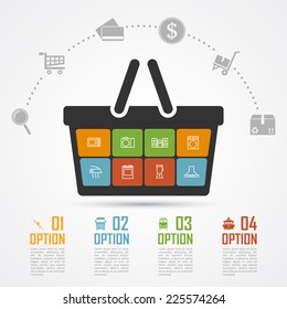 infographic template with basket and icons, e-commerce, online shopping, shipping, delivery concept