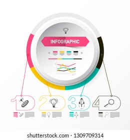 Infographic Template with Big Paper Circle Label in the Middle and Four Steps Infographics with Sample Texts and Icons. Data Flow Chart Concept.