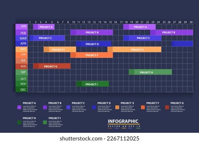 Infographic template for business. 12 Monthly modern Timeline Gantt chart with table, presentation vector infographic.