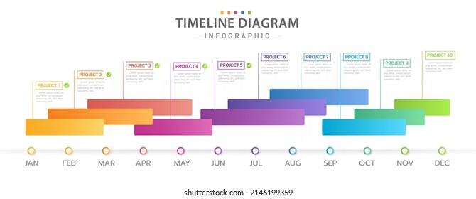 Infographic template for business. 12 Months Modern Timeline diagram calendar with Gantt chart, presentation vector infographic.	