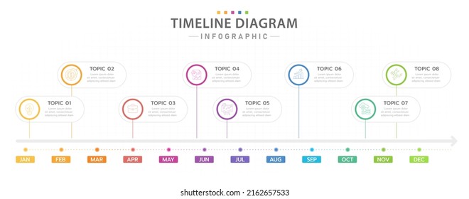 Infographic template for business. 12 Months modern Timeline diagram calendar with topic titles, presentation vector infographic.