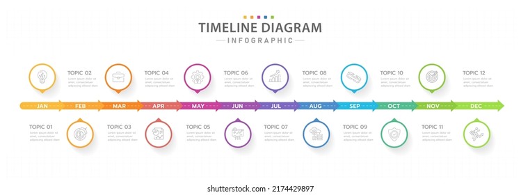 Infographic template for business. 12 Months modern Timeline diagram calendar with arrows, presentation vector infographic.