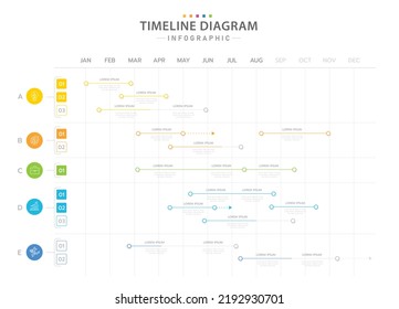 Infographic template for business. 12 Months modern Timeline diagram calendar with 5 Main Topics, presentation vector infographic.