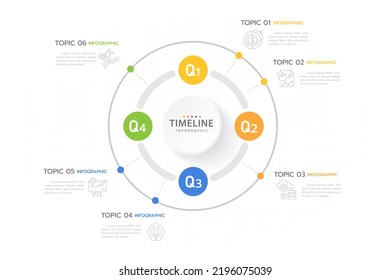 Plantilla de infografía para empresas. Calendario moderno de diagrama de línea de tiempo de 12 meses separado por trimestre, infografía del vector de presentación.