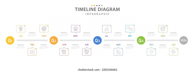 Infographic template for business. 12 Months modern Timeline diagram calendar with 4 quarter topics, presentation vector infographic.
