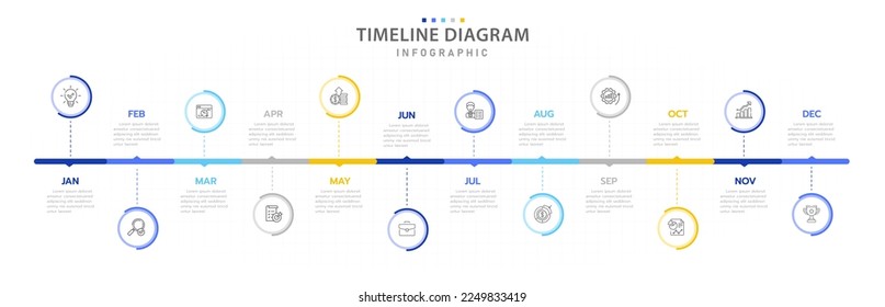 Plantilla de infografía para empresas. Calendario moderno de diagrama de línea de tiempo de 12 meses con círculos, infografía de vector de presentación.