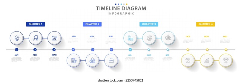 Infographic template for business. 12 Months Modern Timeline diagram calendar with quarters, presentation vector infographic.