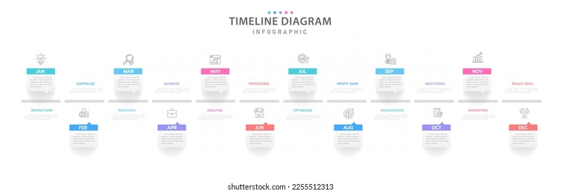 Infografische Vorlage für Unternehmen. 12 Monate Zeitdiagramm Kalender, Darstellung Vektorgrafik.