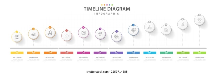 Plantilla de infografía para empresas. Calendario moderno de diagrama de mapa de ruta de la línea de tiempo de 12 meses, infografía del vector de presentación.