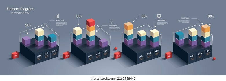 Plantilla de infografía para empresas. Calendario de diagrama de elementos de escala de tiempo moderno de 12 meses, infografía vectorial de presentación de hito de 4 trimestres.