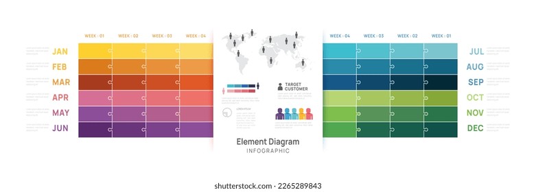 Infographic template for business. 12 Months modern Timeline element diagram calendar, 4 quarter steps milestone presentation vector infographic.