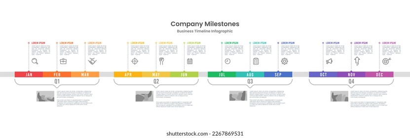 Infographic template for business. 12 Months timeline to success. Presentation, Roadmap, Milestone. Vector illustration.