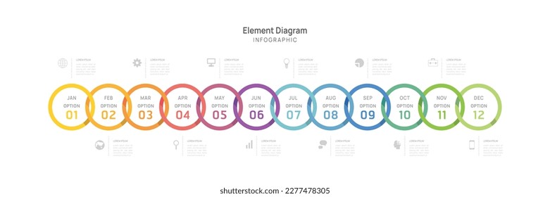 Plantilla de infografía para empresas. Calendario de diagrama de elementos de escala de tiempo moderno de 12 meses, infografía vectorial de presentación de hito de 4 trimestres.