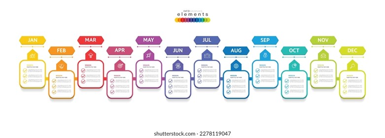 Infografische Vorlage für Unternehmen. 12 Monate Zeitdiagramm Kalender, Darstellung Vektorgrafik.