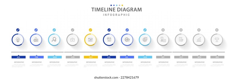 Infografische Vorlage für Unternehmen. 12 Monate Zeitdiagrammkalender mit Kreisthemen, Darstellung Vektorgrafik.