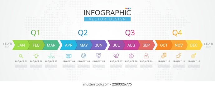 Infographic template for business. 12 Months Timeline diagram calendar with modern icons, presentations, workflow layout, process diagram, flow chart. Vector Infographics for business concept.