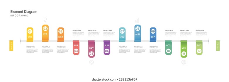 Infographic template for business. 12 Months modern Timeline element diagram calendar, 4 quarter steps milestone presentation vector infographic.