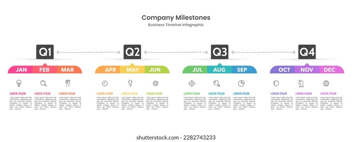 Infographic template for business. 12 Months timeline to success. Presentation, Roadmap, Milestone, Quarters. Vector illustration.