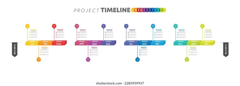 Plantilla de infografía para empresas. Calendario moderno de diagrama de línea de tiempo de 12 meses, infografía del vector de presentación.