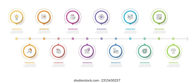 Plantilla de infografía para empresas. Calendario moderno de diagrama de línea de tiempo de 12 meses con diagrama de Gantt, infografía del vector de presentación.