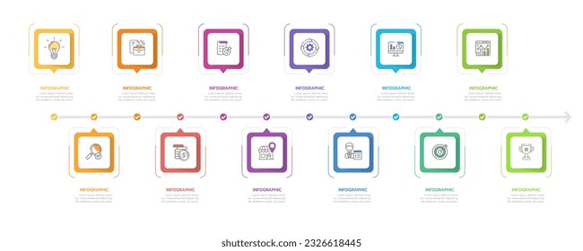 Plantilla de infografía para empresas. Calendario moderno de diagrama de línea de tiempo de 12 meses con diagrama de Gantt, infografía del vector de presentación.