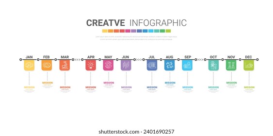 Infographic template for business. 12 Months modern Timeline element diagram calendar, 4 quarter steps milestone presentation vector EPS.