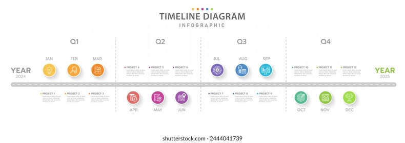 Plantilla infográfica para empresas. 12 Meses calendario moderno de diagrama de línea de tiempo, infografía de Vector de presentación.