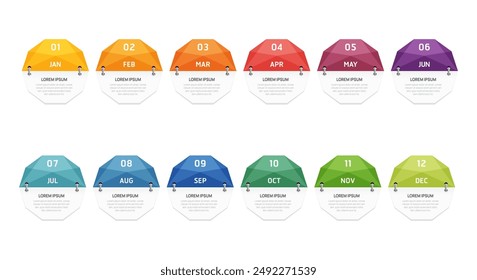 Plantilla infográfica para empresas. 12 meses de calendario de diagrama de elemento de línea de tiempo geométrica, 4 pasos de trimestre de infografía de Vector de presentación de hitos.