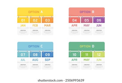 Plantilla infográfica para empresas. Calendario moderno del diagrama de elementos de la línea de tiempo de 12 meses, infografía del Vector de la opción de 4 trimestres.