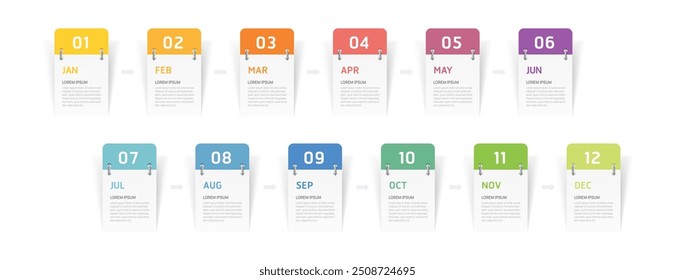 Modelo de infográfico para negócios. 12 meses calendário de diagrama de elemento de linha do tempo moderno, 4 passos de quarto vetor infográfico.