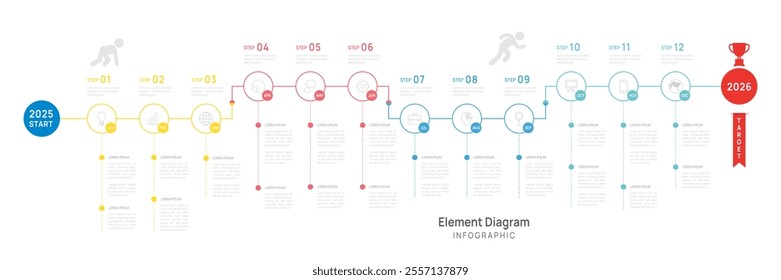 Infographic template for business. 12 Months Timeline 2025 calendar, 4 quarter steps milestone presentation vector infographic.