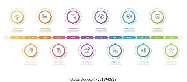 Plantilla de infografía para empresas. 12 pasos Diagrama mensual moderno de la línea de tiempo con concepto de hoja de ruta, infografía de vector de presentación.