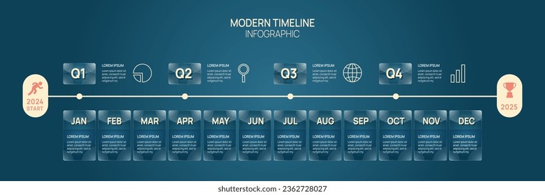 Trabajo de plantilla de infografía 2024. Meses calendario moderno de diagrama de elementos de línea de tiempo, vector de hito de 4 trimestres.