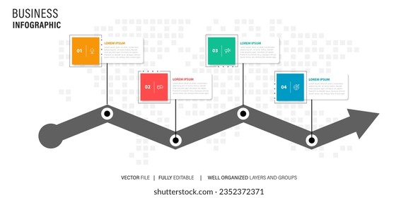 Infographic template for business. 4 Steps Modern Timeline diagram with arrow and topic, presentation vector infographic timeline.
