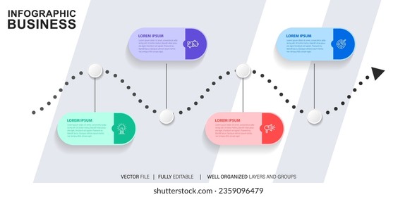 Plantilla de infografía para empresas. 4 Escalas Diagrama moderno de la línea de tiempo con concepto de viaje por carretera, infografía del vector de presentación.