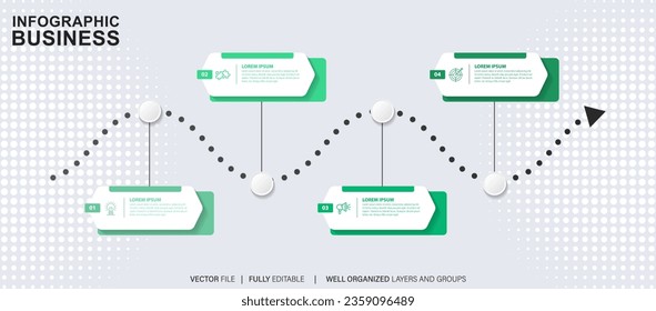 Plantilla de infografía para empresas. 4 Escalas Diagrama moderno de la línea de tiempo con concepto de viaje por carretera, infografía del vector de presentación.